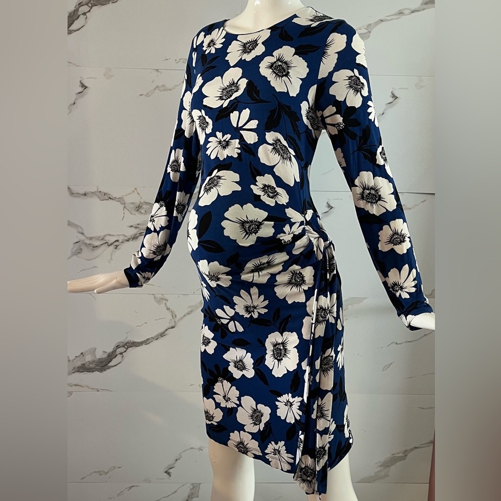 A Pea In The Pod Maternity Blue White Floral Built-In Bra Midi Dress Size M